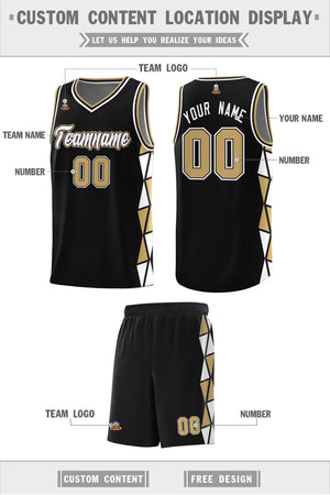 Custom Black Old Gold-White Side Two-Color Triangle Splicing Sports Uniform Basketball Jersey