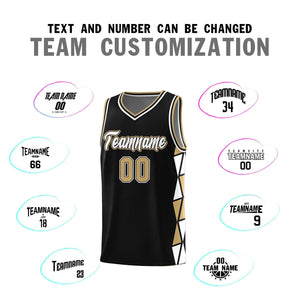 Custom Black Old Gold-White Side Two-Color Triangle Splicing Sports Uniform Basketball Jersey