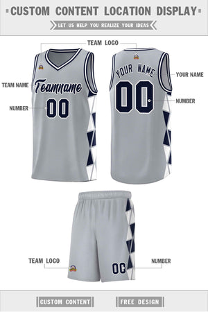 Custom Gray Navy-White Side Two-Color Triangle Splicing Sports Uniform Basketball Jersey