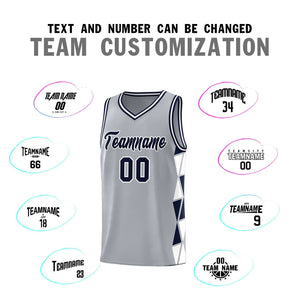 Custom Gray Navy-White Side Two-Color Triangle Splicing Sports Uniform Basketball Jersey