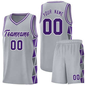 Custom Gray Purple-Dark Gray Side Two-Color Triangle Splicing Sports Uniform Basketball Jersey
