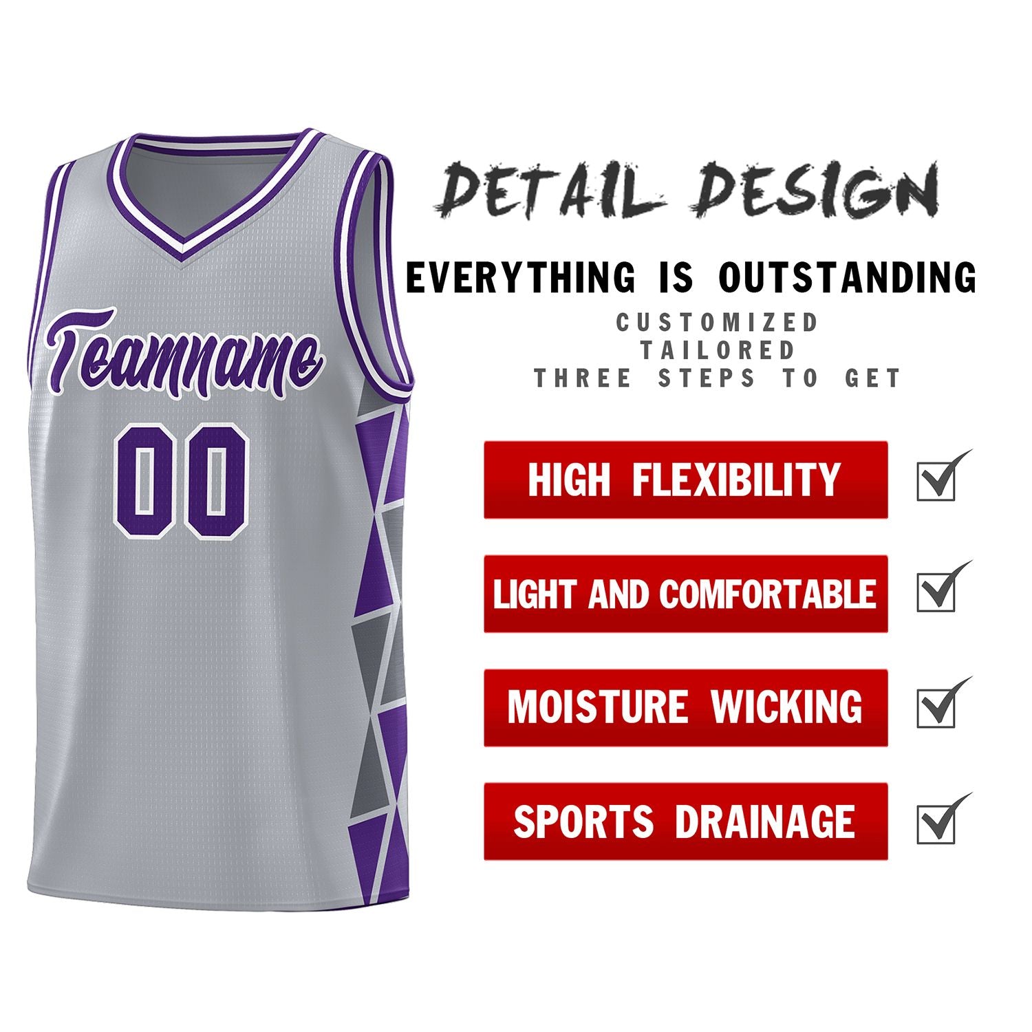 Custom Gray Purple-Dark Gray Side Two-Color Triangle Splicing Sports Uniform Basketball Jersey