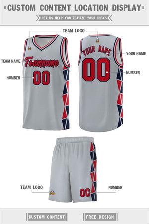 Custom Gray Red-Navy Side Two-Color Triangle Splicing Sports Uniform Basketball Jersey