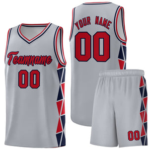 Custom Gray Red-Navy Side Two-Color Triangle Splicing Sports Uniform Basketball Jersey