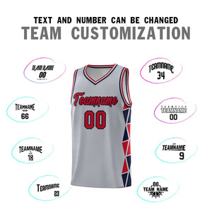 Custom Gray Red-Navy Side Two-Color Triangle Splicing Sports Uniform Basketball Jersey