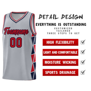 Custom Gray Red-Navy Side Two-Color Triangle Splicing Sports Uniform Basketball Jersey