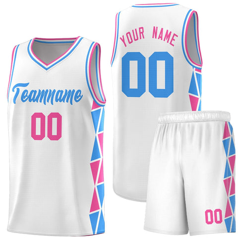 Custom White Pink-Powder Blue Side Two-Color Triangle Splicing Sports Uniform Basketball Jersey