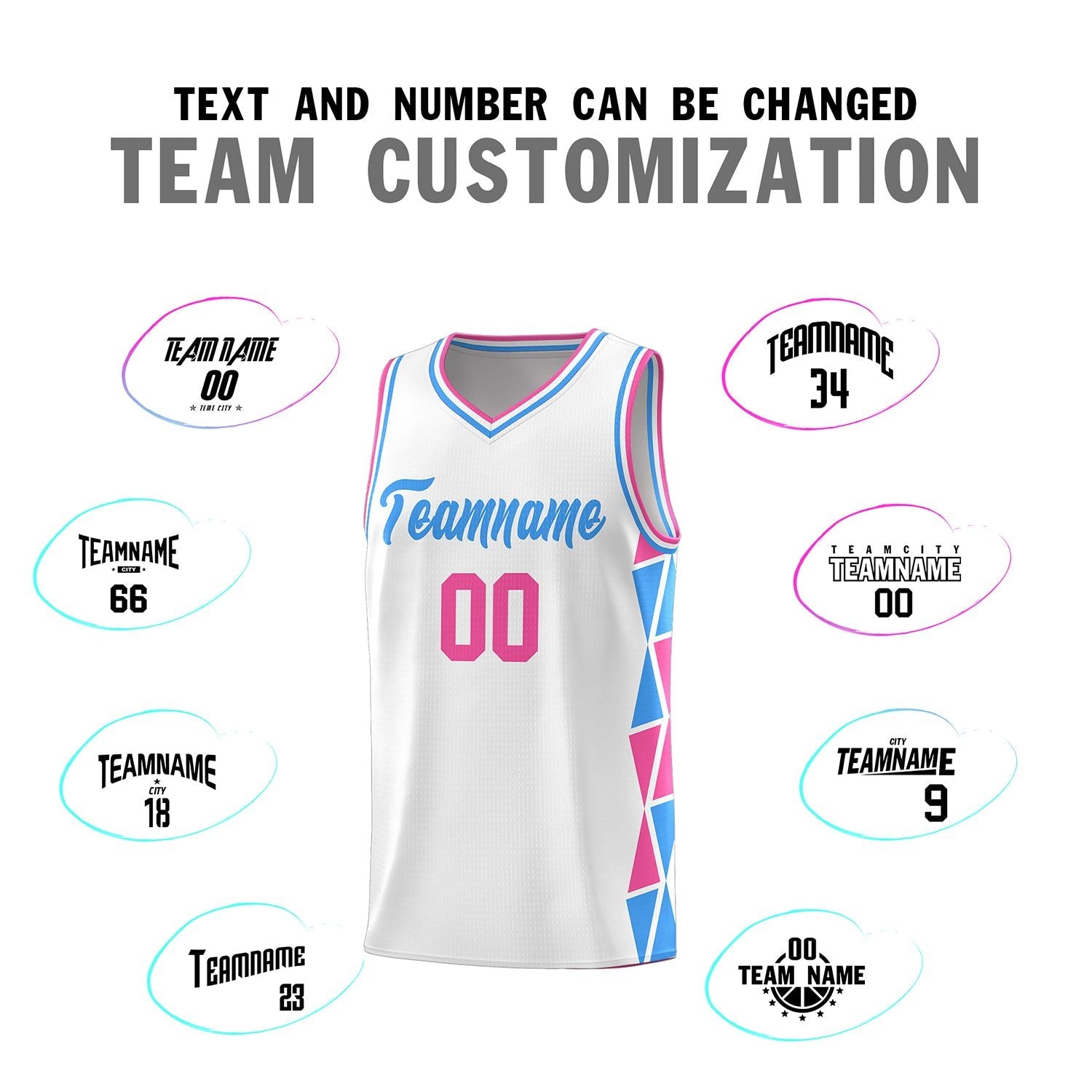 Custom White Pink-Powder Blue Side Two-Color Triangle Splicing Sports Uniform Basketball Jersey