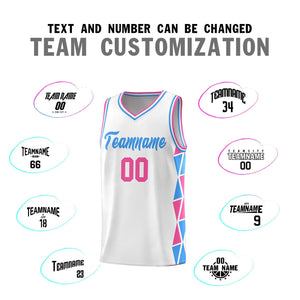 Custom White Pink-Powder Blue Side Two-Color Triangle Splicing Sports Uniform Basketball Jersey