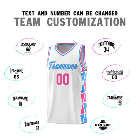 Custom White Pink-Powder Blue Side Two-Color Triangle Splicing Sports Uniform Basketball Jersey