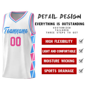 Custom White Pink-Powder Blue Side Two-Color Triangle Splicing Sports Uniform Basketball Jersey