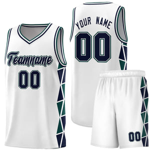 Custom White Navy-Midnight Green Side Two-Color Triangle Splicing Sports Uniform Basketball Jersey