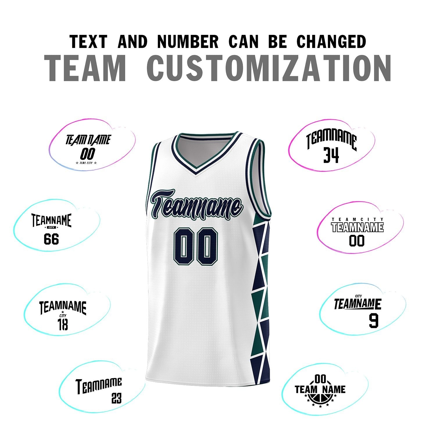 Custom White Navy-Midnight Green Side Two-Color Triangle Splicing Sports Uniform Basketball Jersey