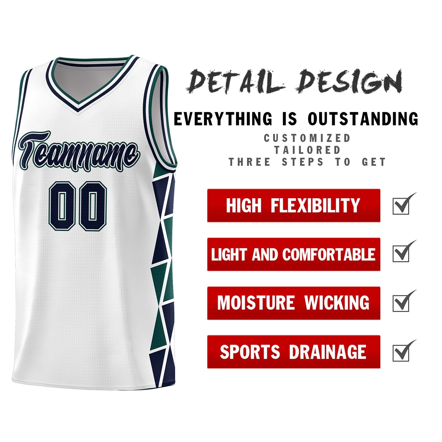 Custom White Navy-Midnight Green Side Two-Color Triangle Splicing Sports Uniform Basketball Jersey