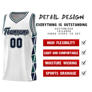 Custom White Navy-Midnight Green Side Two-Color Triangle Splicing Sports Uniform Basketball Jersey