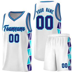 Custom White Violet-Sky Blue Side Two-Color Triangle Splicing Sports Uniform Basketball Jersey