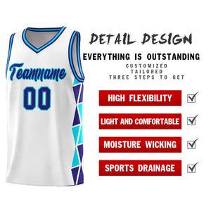 Custom White Violet-Sky Blue Side Two-Color Triangle Splicing Sports Uniform Basketball Jersey