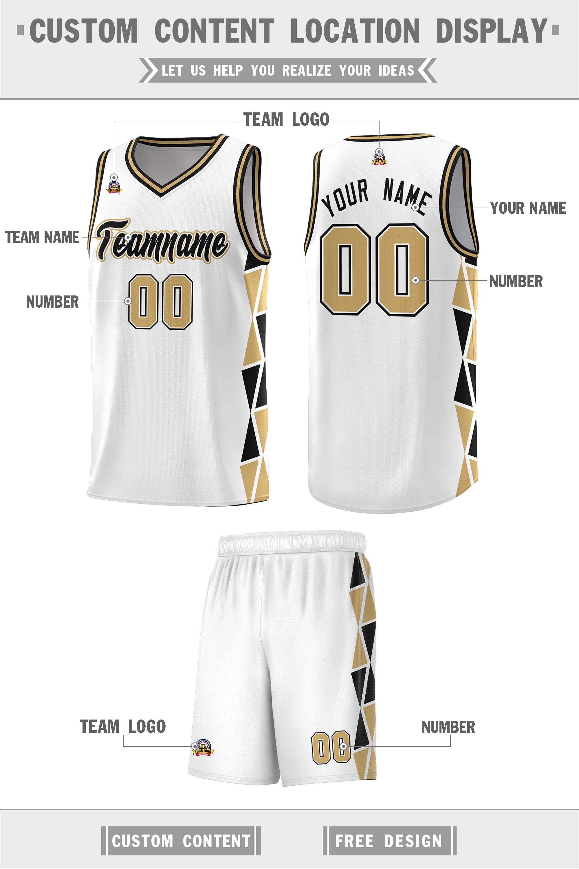 Custom White Black-Old Gold Side Two-Color Triangle Splicing Sports Uniform Basketball Jersey