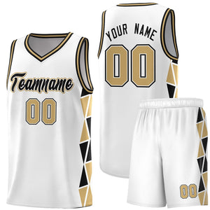 Custom White Black-Old Gold Side Two-Color Triangle Splicing Sports Uniform Basketball Jersey