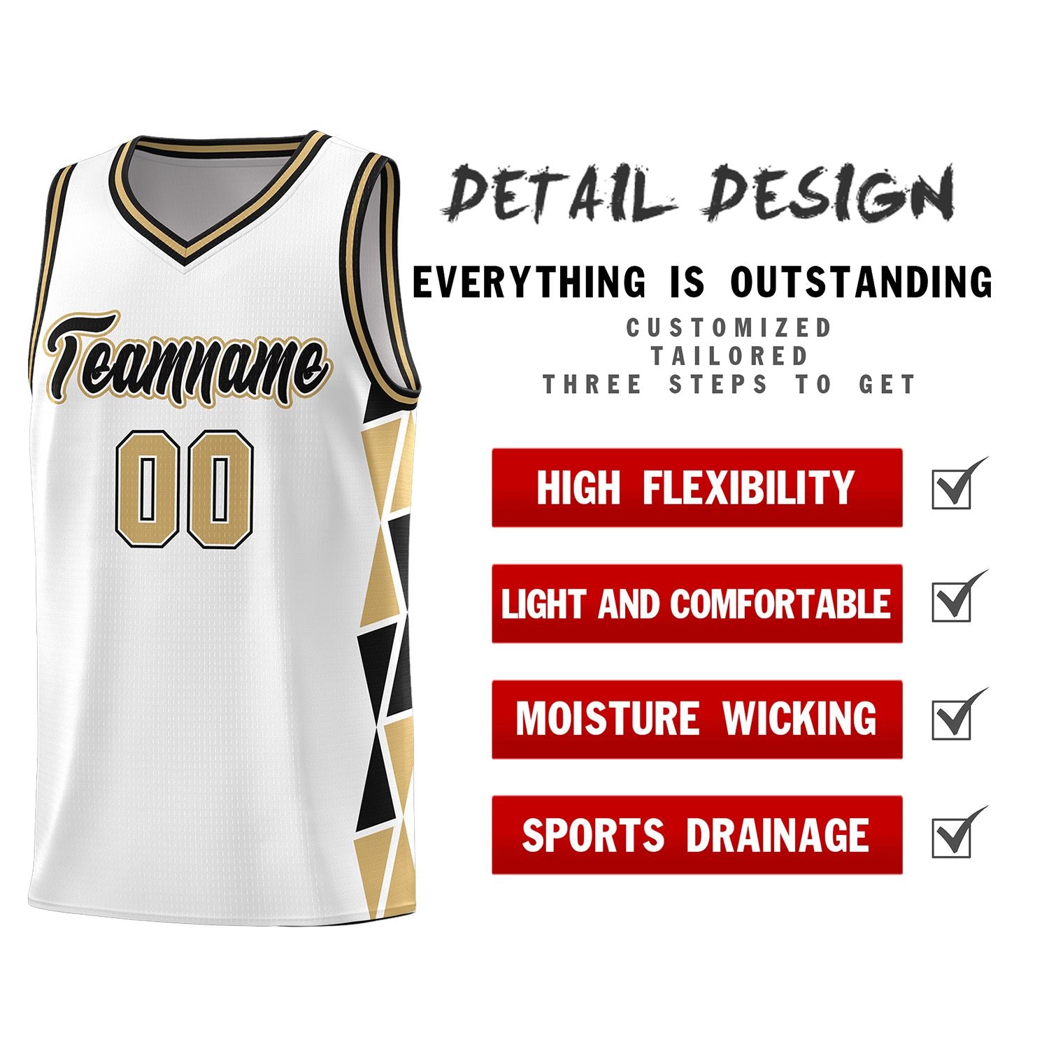 Custom White Black-Old Gold Side Two-Color Triangle Splicing Sports Uniform Basketball Jersey