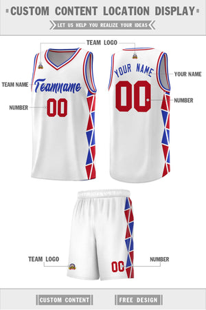 Custom White Royal-Red Side Two-Color Triangle Splicing Sports Uniform Basketball Jersey