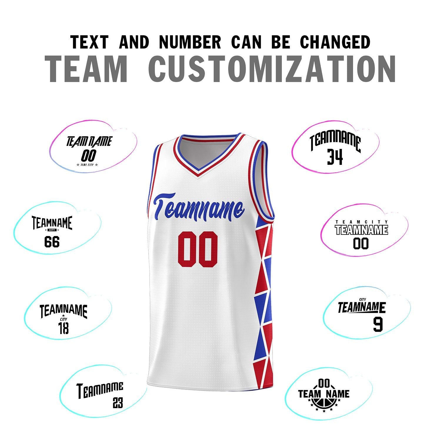 Custom White Royal-Red Side Two-Color Triangle Splicing Sports Uniform Basketball Jersey