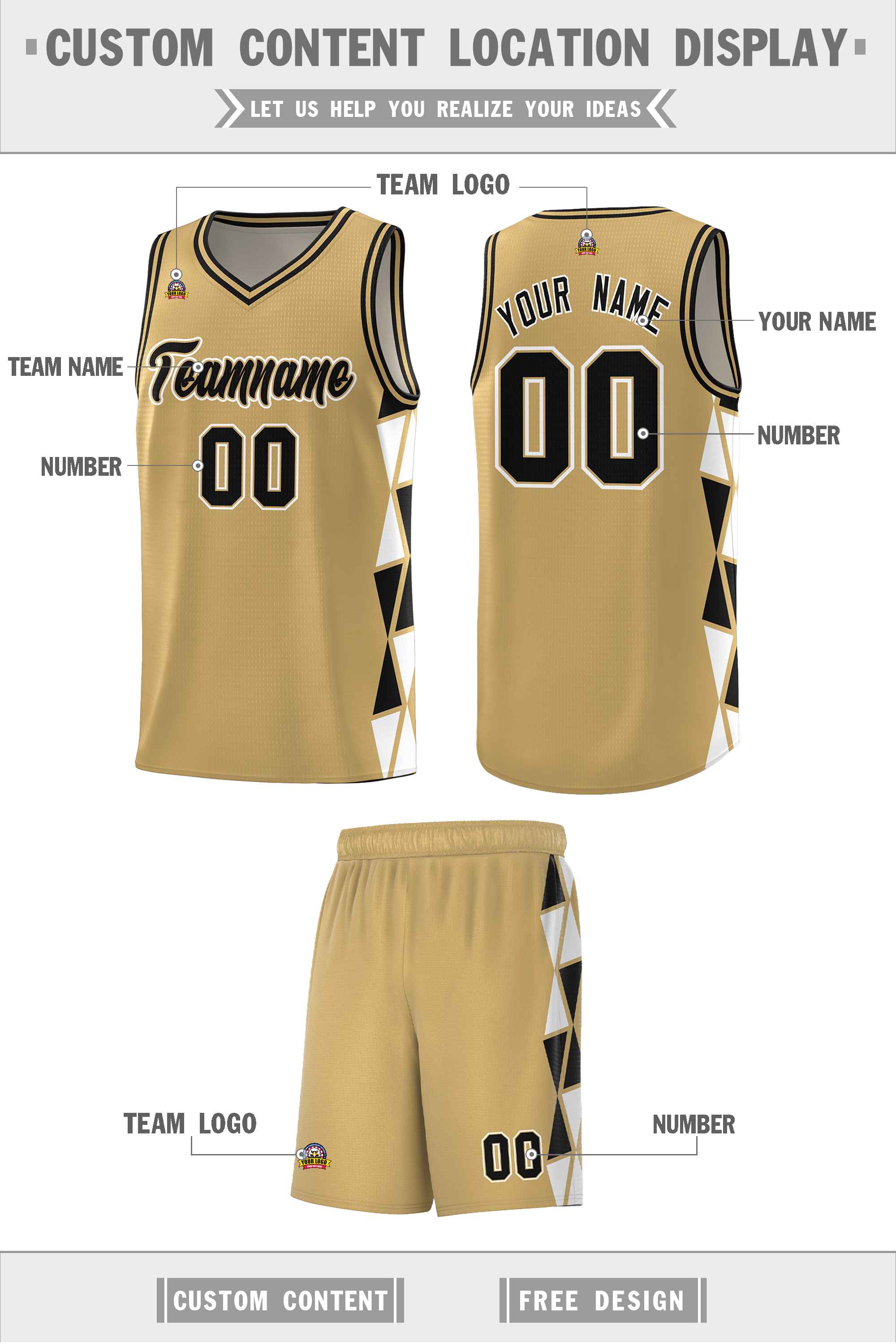 Custom Old Gold Black-White Side Two-Color Triangle Splicing Sports Uniform Basketball Jersey