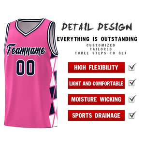 Custom Pink Navy-White Side Two-Color Triangle Splicing Sports Uniform Basketball Jersey