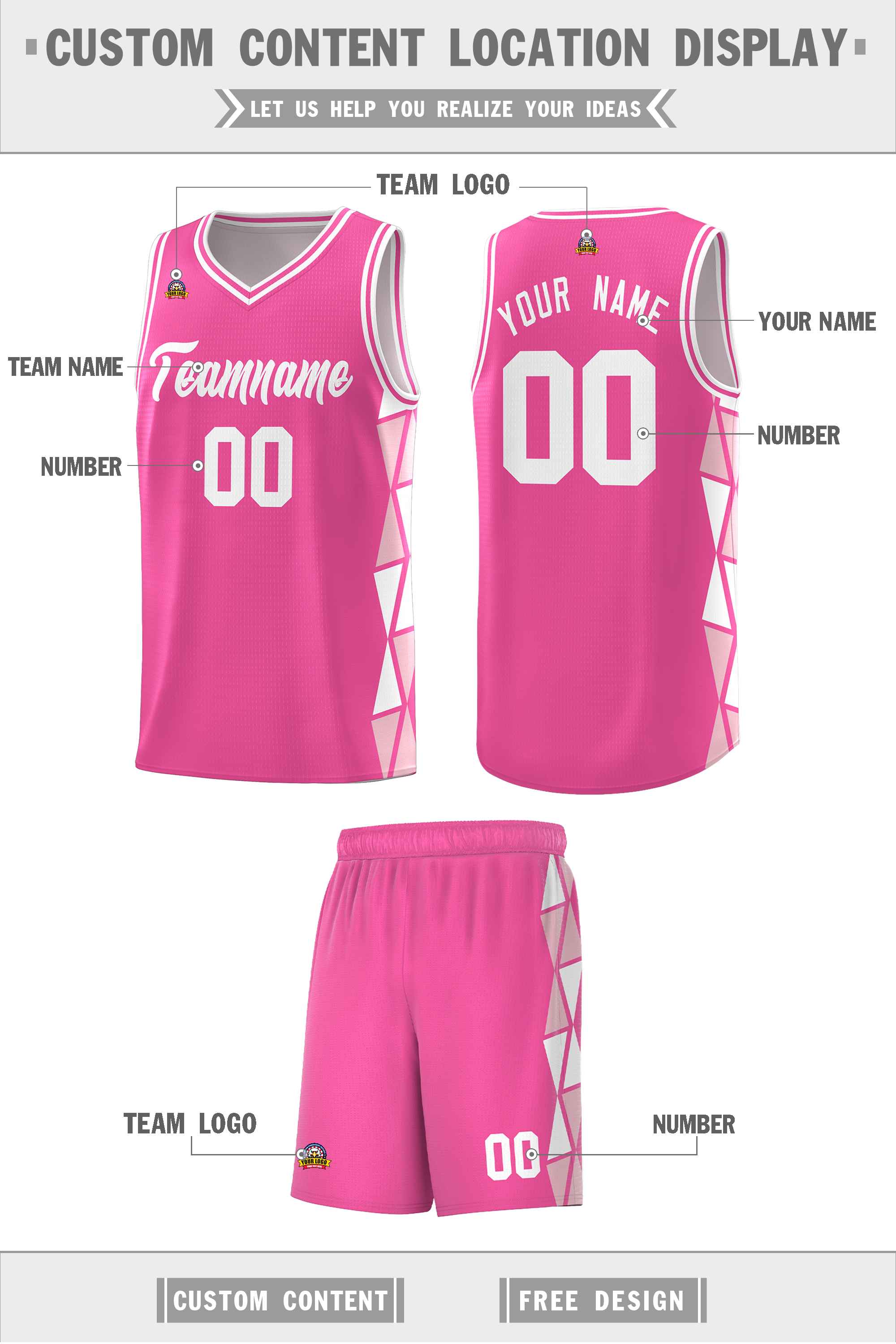 Custom Pink White-Light Pink Side Two-Color Triangle Splicing Sports Uniform Basketball Jersey