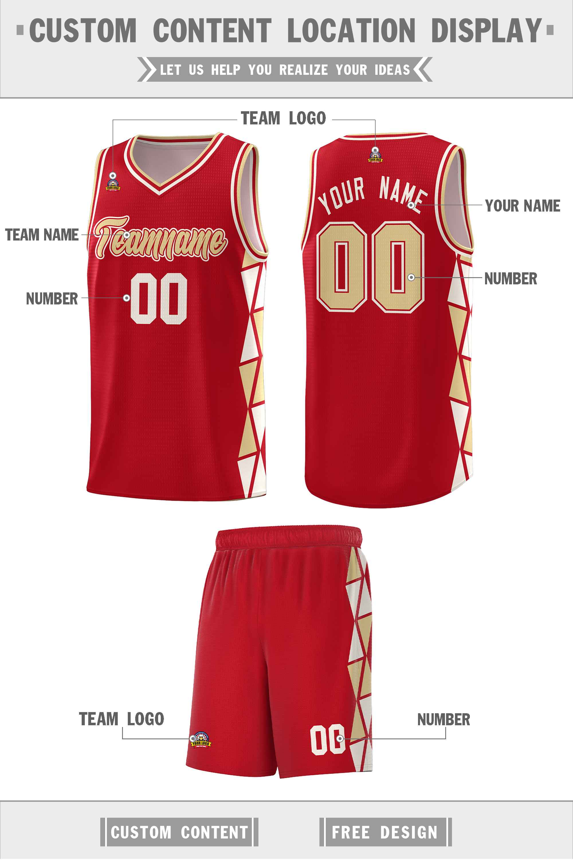 Custom Red Khaki-Cream Side Two-Color Triangle Splicing Sports Uniform Basketball Jersey