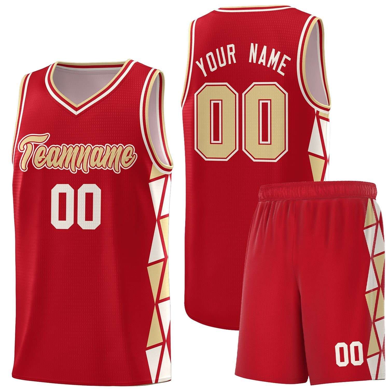 Custom Red Khaki-Cream Side Two-Color Triangle Splicing Sports Uniform Basketball Jersey