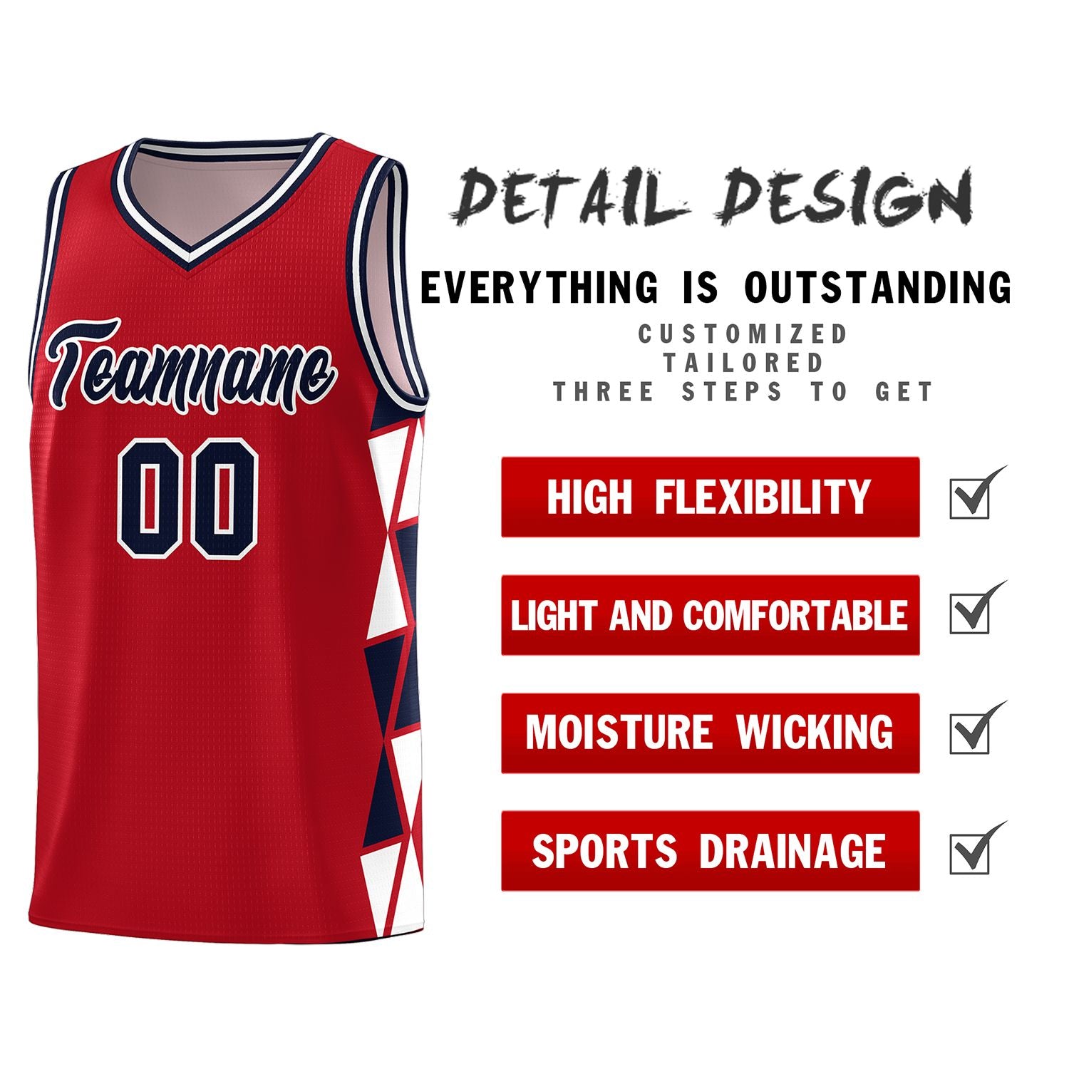 Custom Red Navy-White Side Two-Color Triangle Splicing Sports Uniform Basketball Jersey