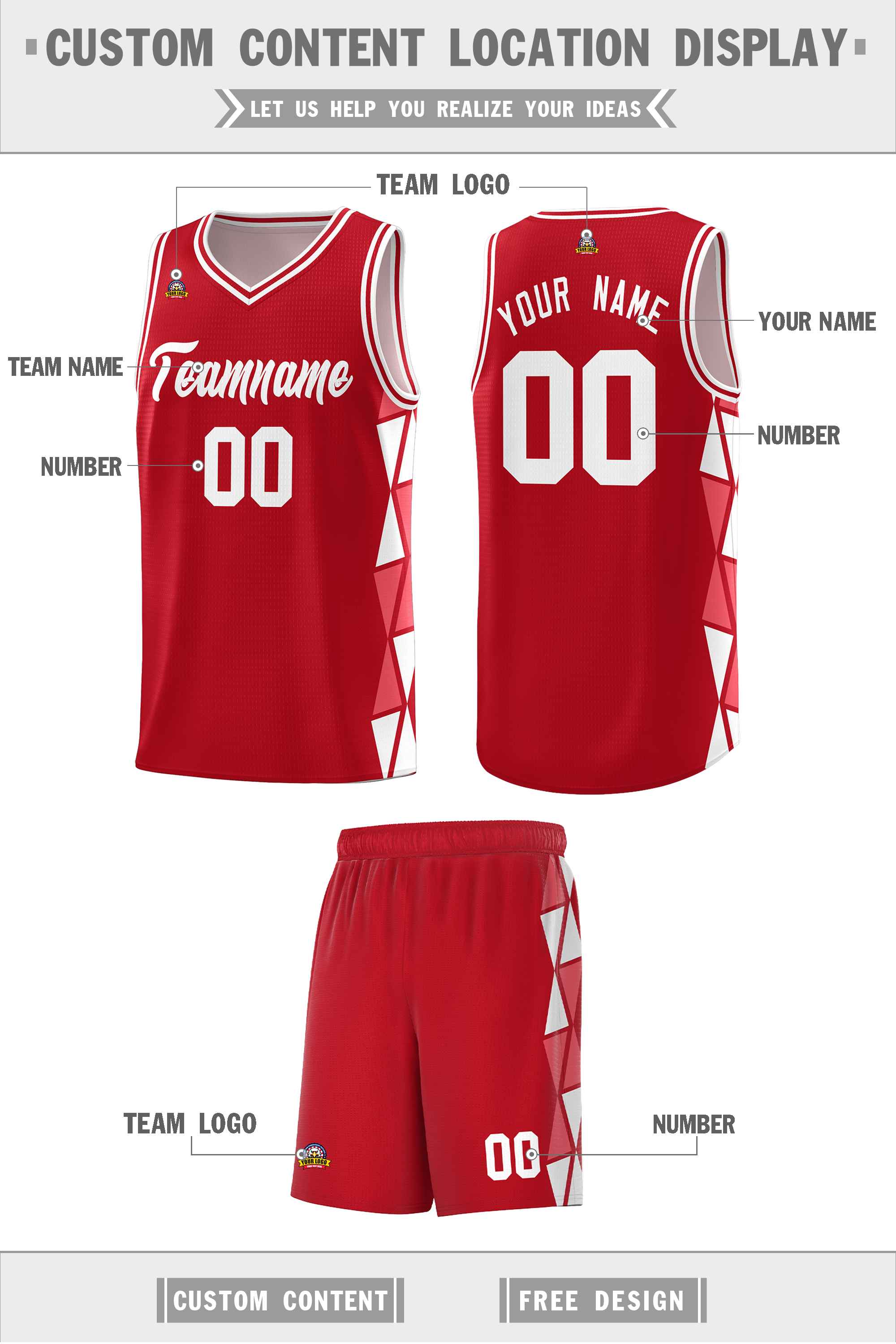 Custom Red Light Red-White Side Two-Color Triangle Splicing Sports Uniform Basketball Jersey