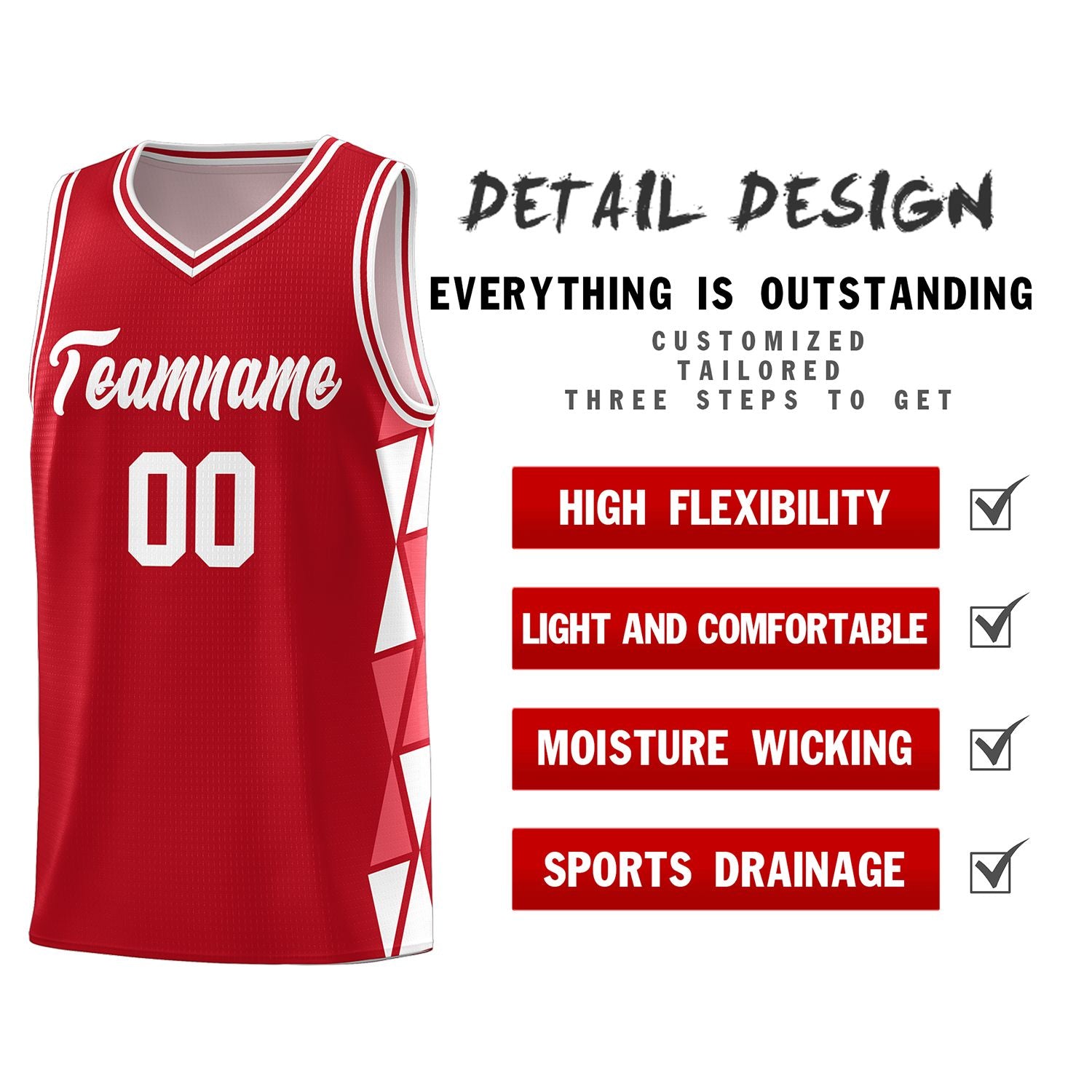 Custom Red Light Red-White Side Two-Color Triangle Splicing Sports Uniform Basketball Jersey