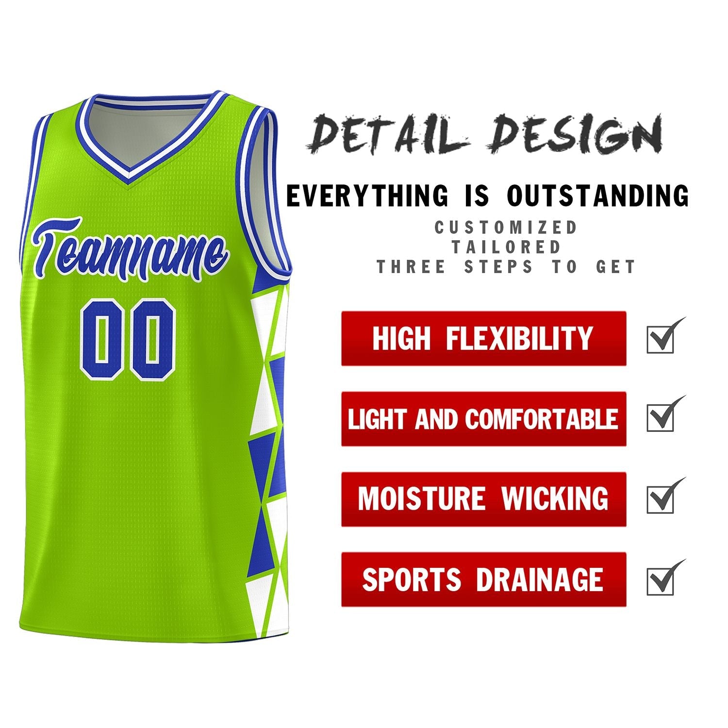 Custom Neon Green Royal-White Side Two-Color Triangle Splicing Sports Uniform Basketball Jersey