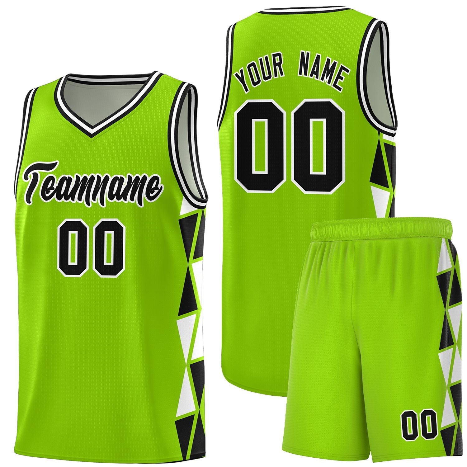 Custom Neon Green Black-White Side Two-Color Triangle Splicing Sports Uniform Basketball Jersey