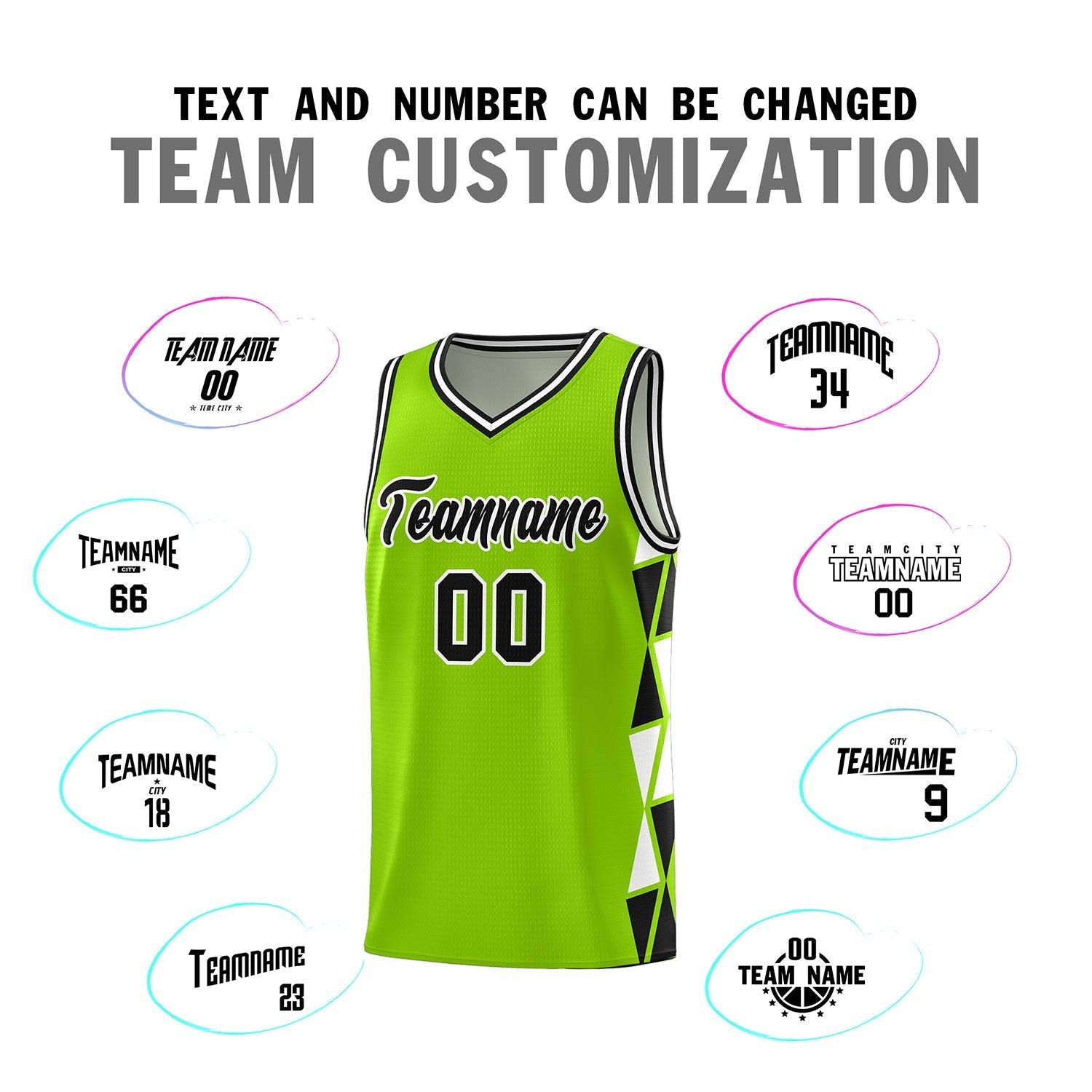 Custom Neon Green Black-White Side Two-Color Triangle Splicing Sports Uniform Basketball Jersey