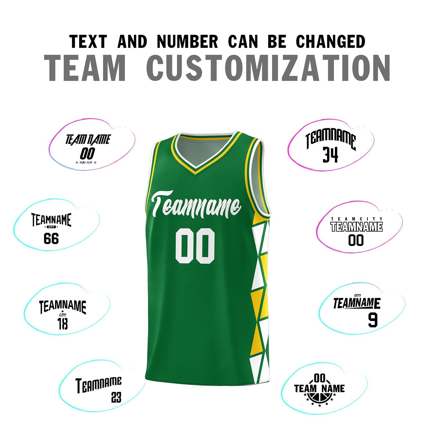 Custom Kelly Green White-Gold Side Two-Color Triangle Splicing Sports Uniform Basketball Jersey