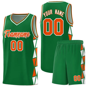 Custom Kelly Green Orange-White Side Two-Color Triangle Splicing Sports Uniform Basketball Jersey