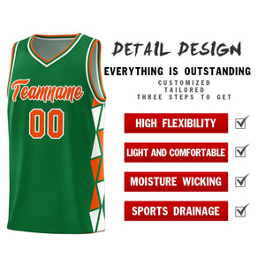 Custom Kelly Green Orange-White Side Two-Color Triangle Splicing Sports Uniform Basketball Jersey