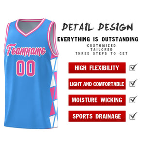 Custom Powder Blue Pink-White Side Two-Color Triangle Splicing Sports Uniform Basketball Jersey