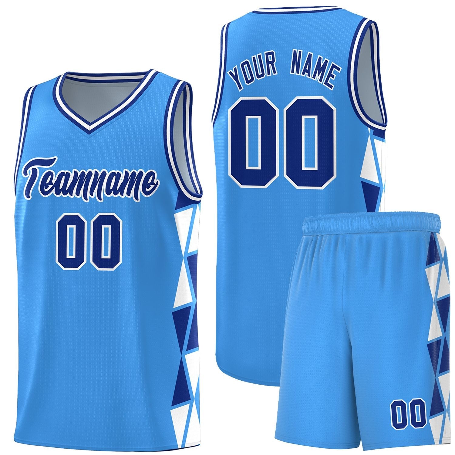 Custom Powder Blue Royal-White Side Two-Color Triangle Splicing Sports Uniform Basketball Jersey