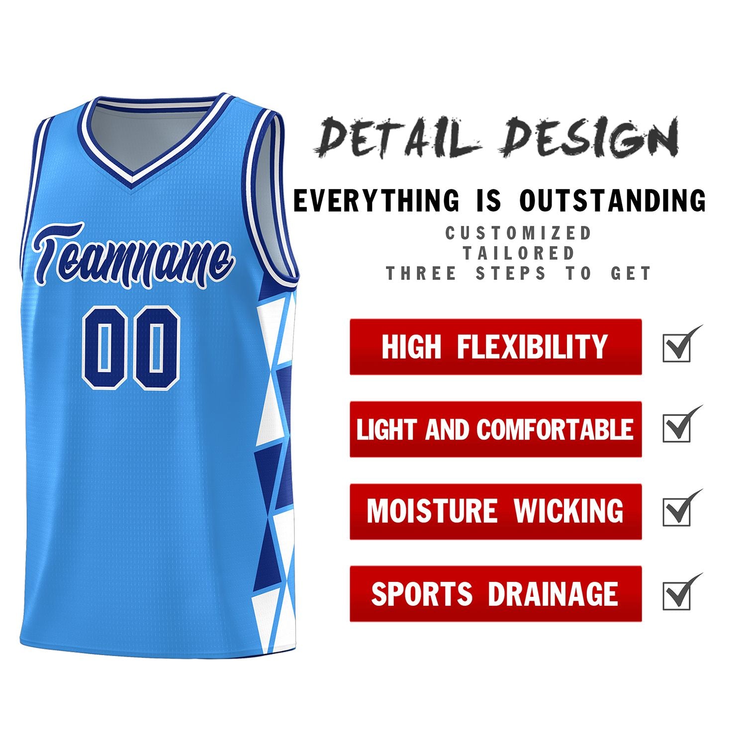 Custom Powder Blue Royal-White Side Two-Color Triangle Splicing Sports Uniform Basketball Jersey