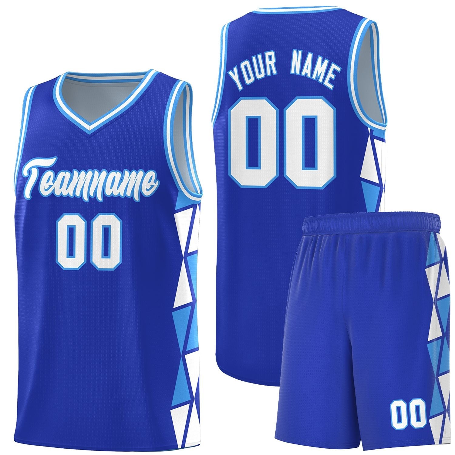 Custom Royal White-Powder Blue Side Two-Color Triangle Splicing Sports Uniform Basketball Jersey