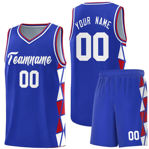 Custom Royal Red-White Side Two-Color Triangle Splicing Sports Uniform Basketball Jersey