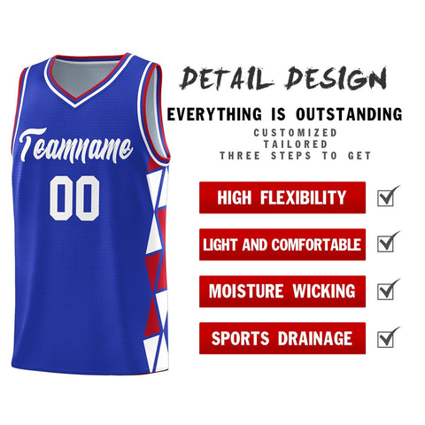 Custom Royal Red-White Side Two-Color Triangle Splicing Sports Uniform Basketball Jersey