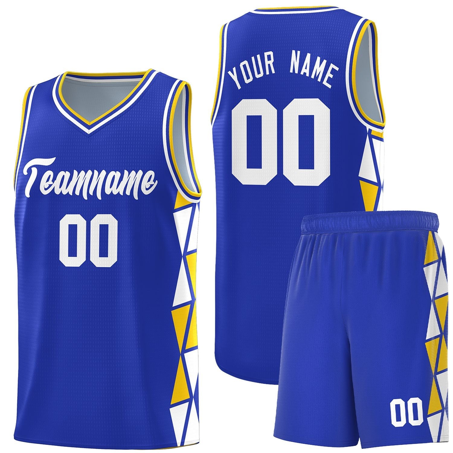 Custom Royal Gold-White Side Two-Color Triangle Splicing Sports Uniform Basketball Jersey