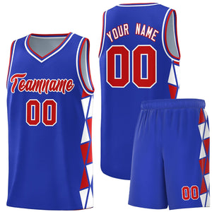 Custom Royal Red-White Side Two-Color Triangle Splicing Sports Uniform Basketball Jersey