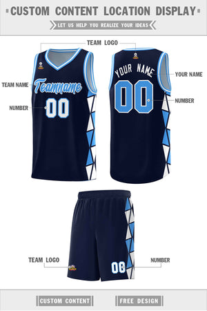 Custom Navy Powder Blue-White Side Two-Color Triangle Splicing Sports Uniform Basketball Jersey