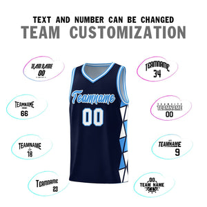 Custom Navy Powder Blue-White Side Two-Color Triangle Splicing Sports Uniform Basketball Jersey